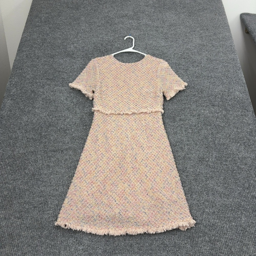 Aqua Dress Womens XS Pink Tweed Fringed Short Sleeve Mini Preppy Classic